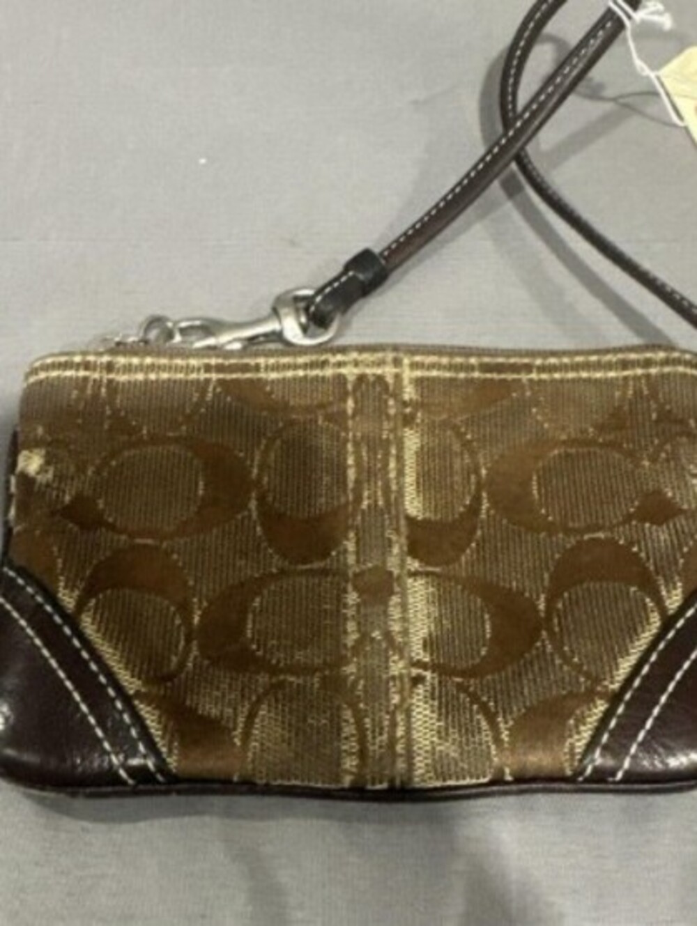 Coach Signature Canvas Wristlet Brown Leather Trim